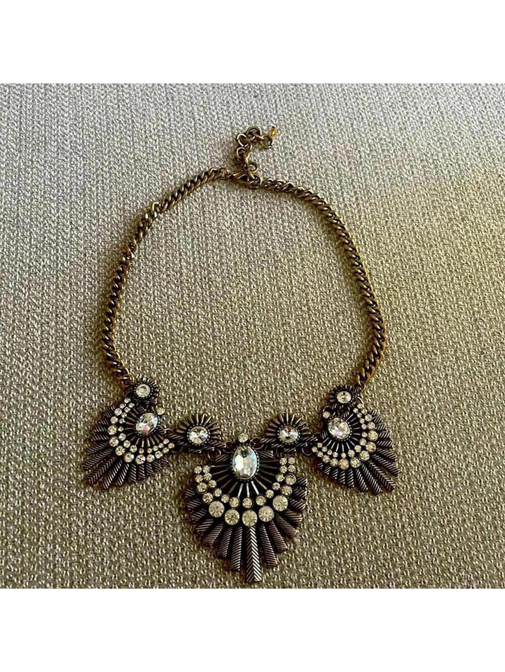 Bronze Gold and Clear Stone Arrowhead Art Deco Short Statement Necklace